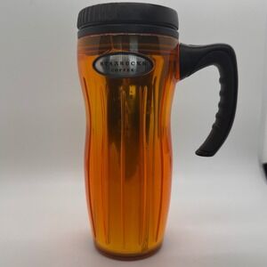 Starbucks Coffee Mug Tumbler Orange Metallic Travel Cup With Handle 2004 Vintage
